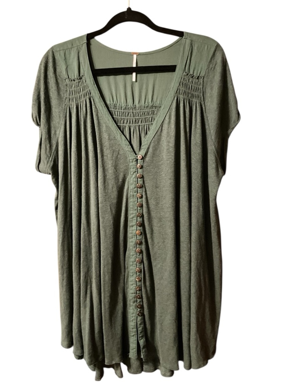 Free People Highland Shirt Button Down Front Boho Flowy Green Linen/Viscose Lg